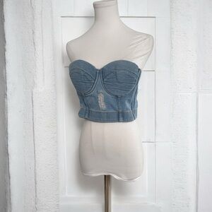 Denim distressed Bustier Crop Top corset cowgirl western prairie 36B
